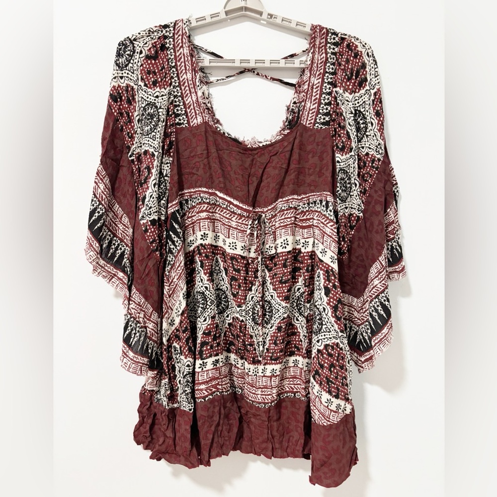 Free People Heart‎ of Gold Dress Womens Size Medium Burgundy Boho Kimono Sleeves